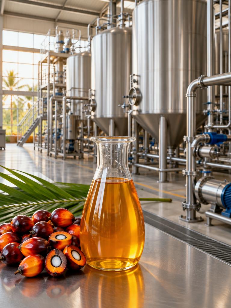 Palm fruits and golden oil in a modern processing factory